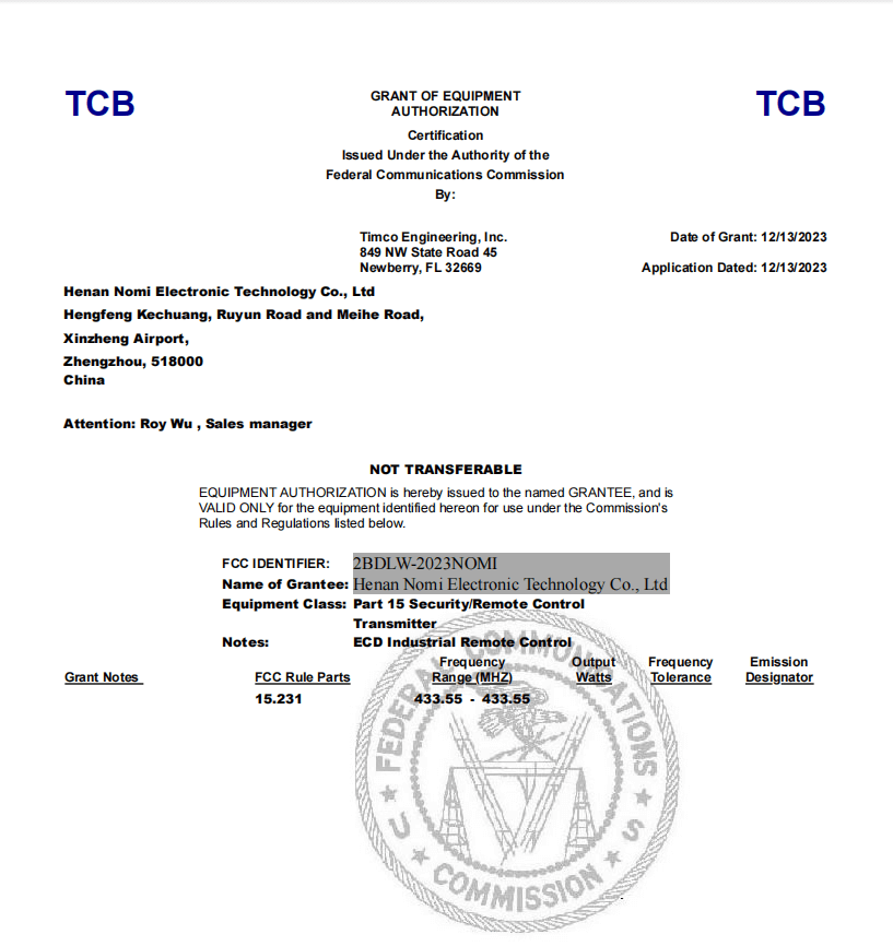 Industrial wireless remote control TCB certification-Henan Nomi